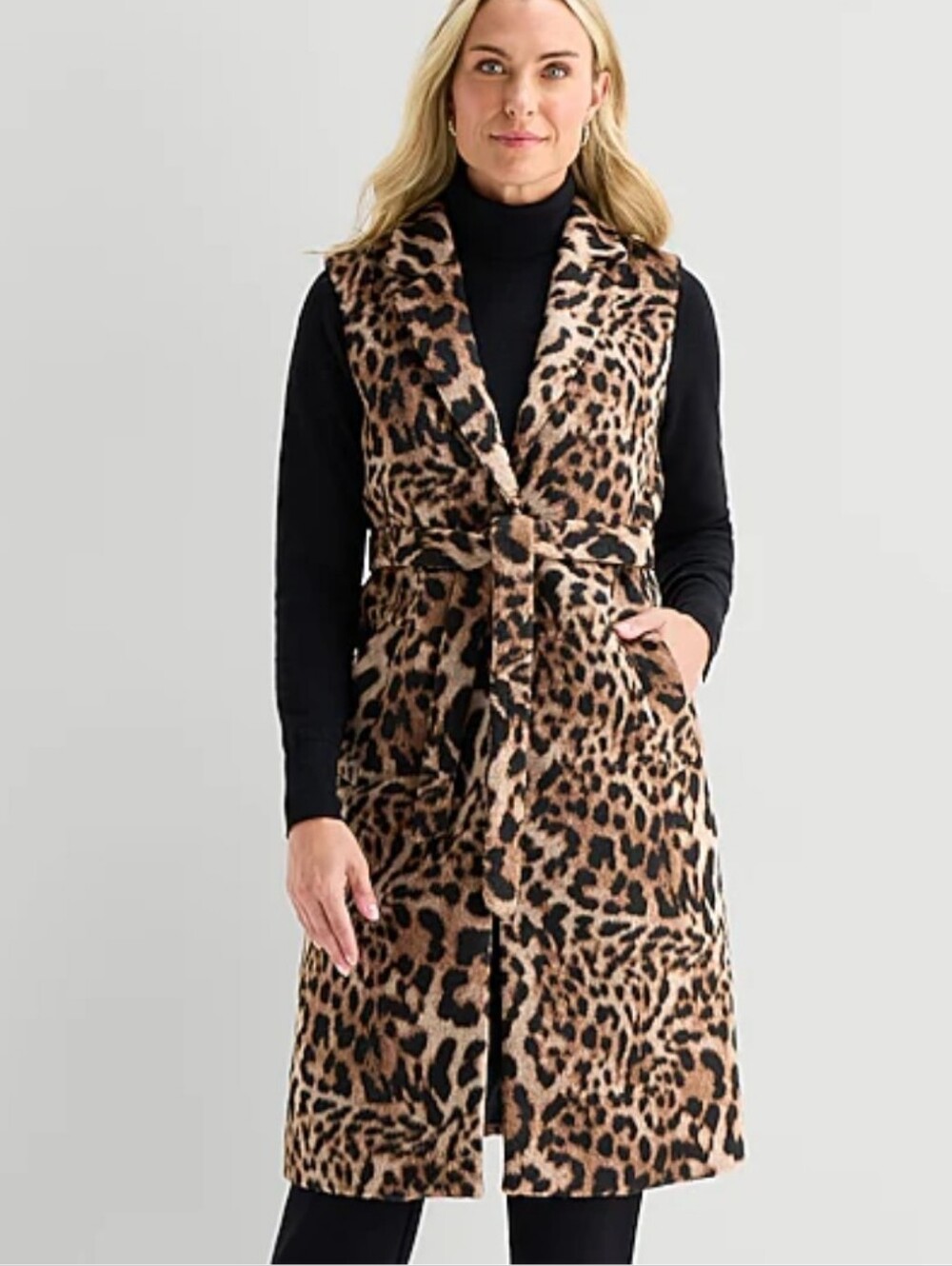 Leopard Print Sleeveless Faux-Fur Long Vest